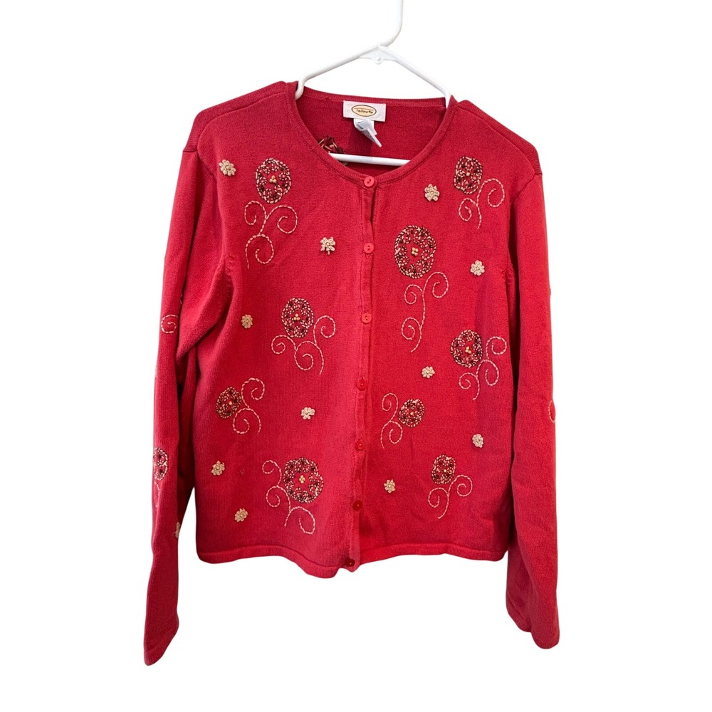 Talbots Red Floral Embroidered Beaded Button Front Cardigan Sweater Womens Large